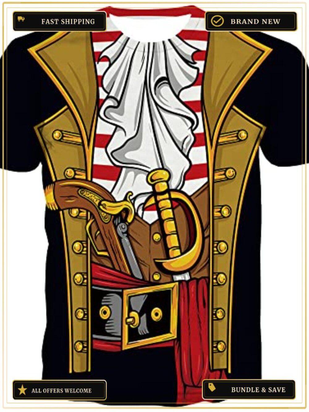 KYKU Men Pirate Costume T-Shirt Funny 3D Print Graphic Novelty Tee